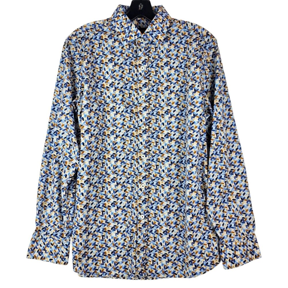 BUGATCHI Shirt Mens Medium White Multicolor Geometric Comfort Stretch Shaped Up